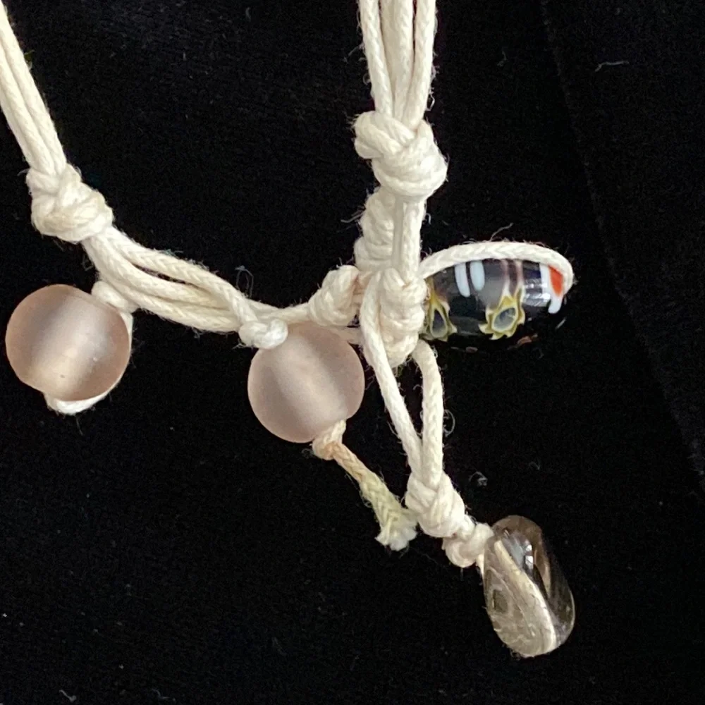 Polished Stone and Millefiori Flower Glass bead necklace rustic